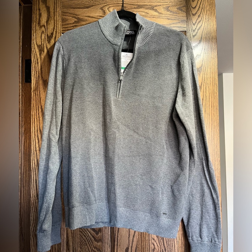 Michael Kors Mens L Ash Melange Gray Quarter Zip Long Sleeve Mock Neck Sweater